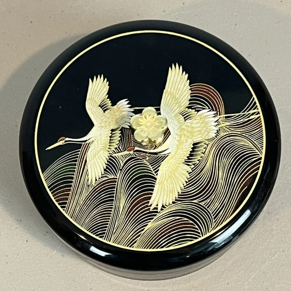 Vintage Japanese Round Trinket Powder Box Black Heron Birds